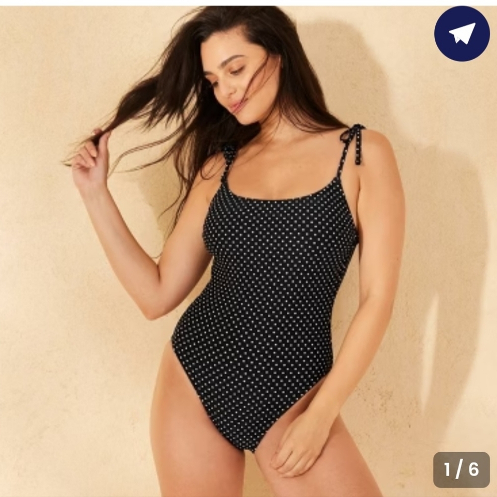 New Shade & Shore Polka Dot One Piece Swimsuit XL 16 Black White Tie Shoulder